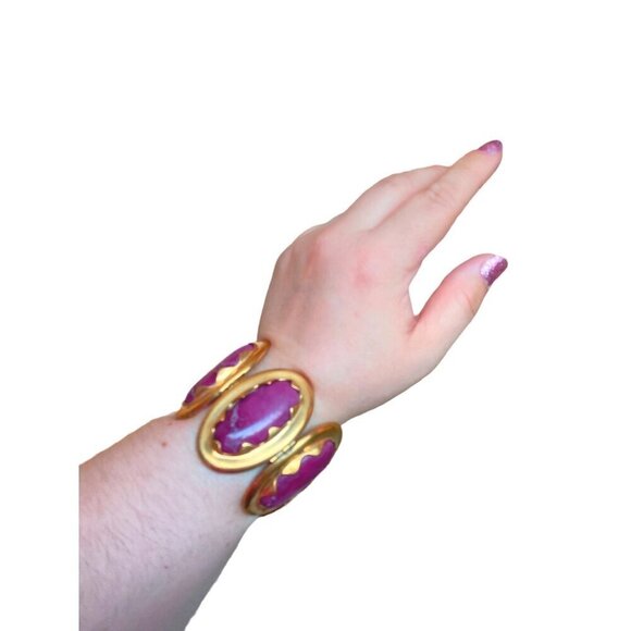Anne Klein Couture vintage magenta marble cabochon hinge‎ & pin clasp bracelet - Picture 4 of 11